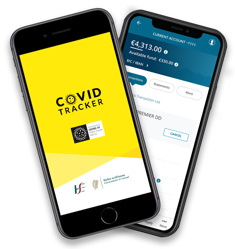Two phones, with Bank of Ireland and HSE Covid Tracker Ireland App
