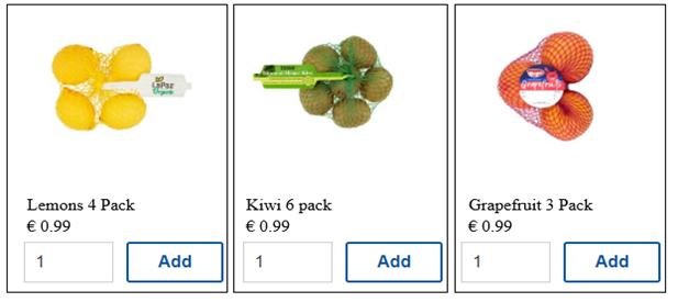 Website selling lemons, kiwis and grapefruits. Each product has a button labelled add