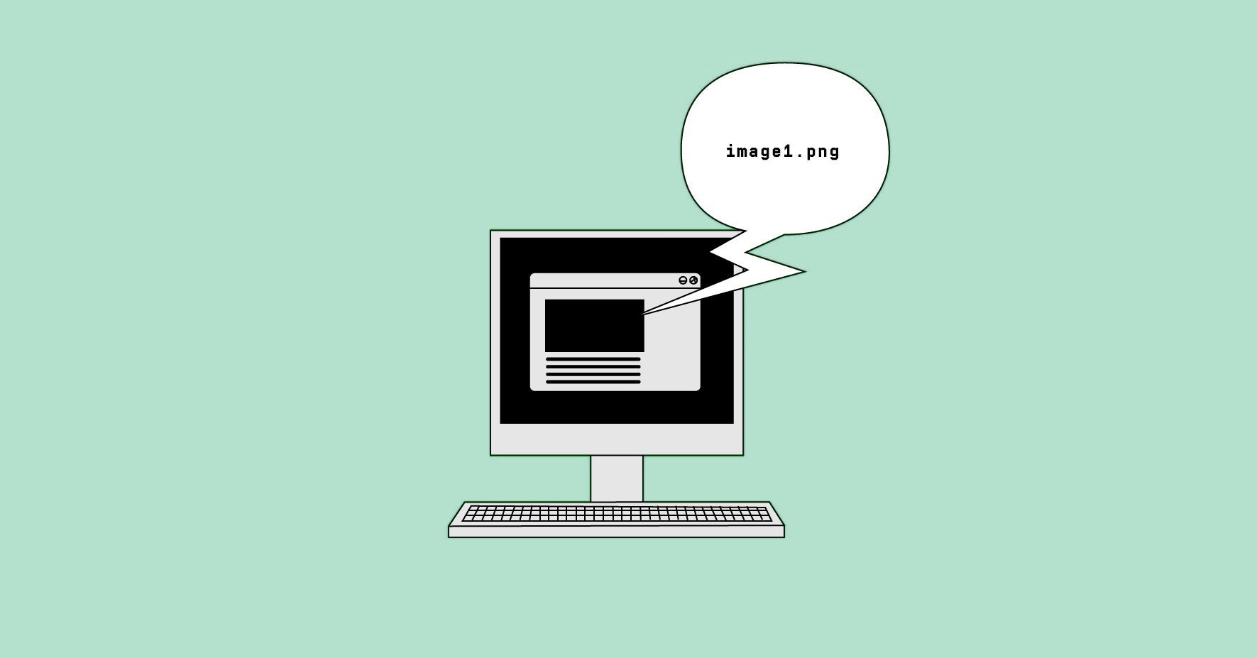 Computer screen displaying an image with a speech bubble saying image 1 dot PNG