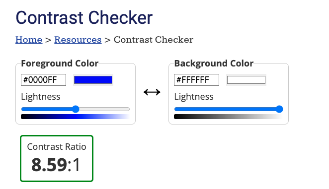 Screenshot of WebAIM Contrast Checker showing that blue and white have a contrast ratio of 8.59 to 1