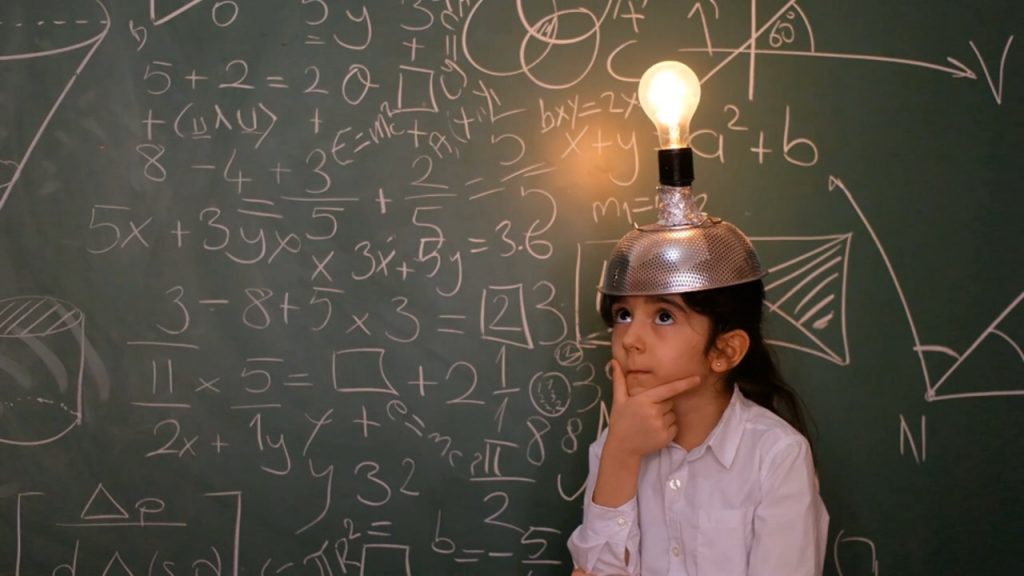 Young girl wearing a metal cap with a lightbulb on top. She has her hand on her chin and is standing in front of a blackboard covered in writing.