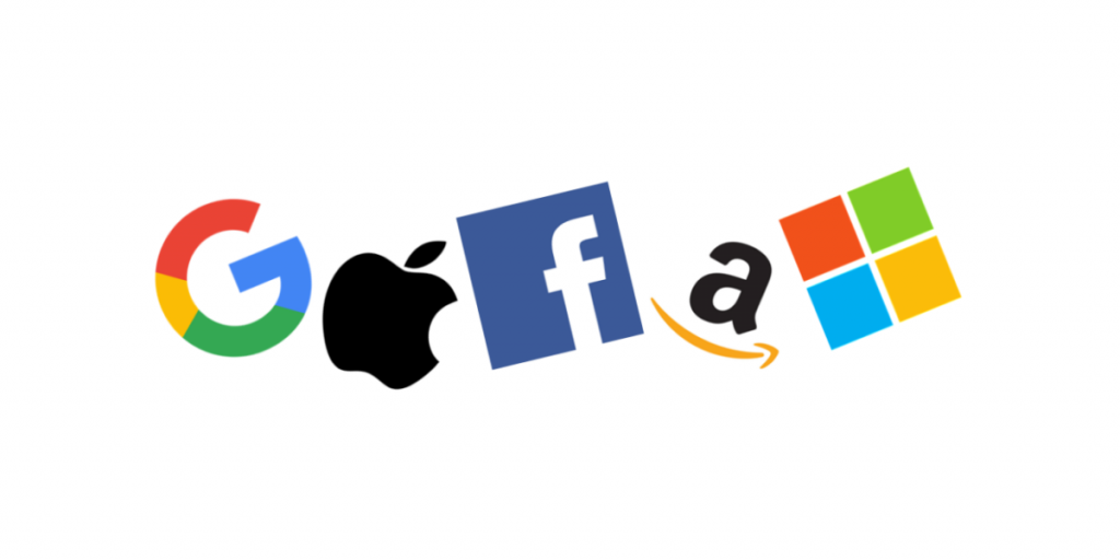 Logos for Big Tech companies, from left to right, Google, Apple, Facebook, Amazon, and Microsoft